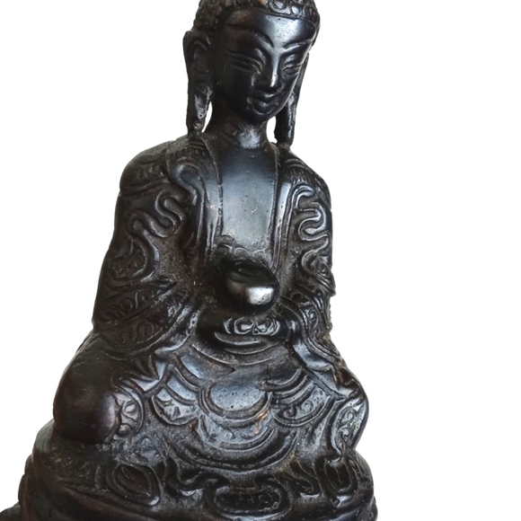 Antique Brass Bronze 4" Sitting Buddha on Lotus - Picture 5 of 11